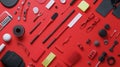Flat lay of various black and red tools and gadgets on a red background Royalty Free Stock Photo