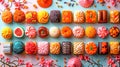 Assorted colorful traditional Japanese wagashi sweets on blue background. Eastern sweets. Top view. Concept of culinary Royalty Free Stock Photo