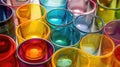 Assorted colorful transparent glass cups. Close-up shot of vibrant drinkware collection