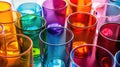 Assorted colorful transparent glass cups. Close-up shot of vibrant drinkware collection