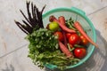 Assorted colorful vegetables of winter season. carrot, tomato, coriander, beans etc.fresh harvest from home organic garden kept on Royalty Free Stock Photo