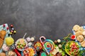 Assorted colourful, festive sweets with copy space Royalty Free Stock Photo