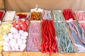 Assorted colourful gummy candies in the shop. Traditional market.