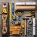 Assorted construction tools and materials are neatly arranged on wooden boards. Items include a Royalty Free Stock Photo