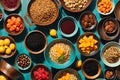 Assorted Containers Spilling with Gourmet Delicacies, Arrayed Against a Vibrant Teal Backdrop - Juxtaposition of Culinary Elegance