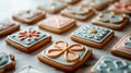 Assorted cookies with vintage quilt pattern icing in blue and pink on colorful dough background