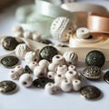 Assorted crafting materials including intricately designed metallic buttons and wooden Royalty Free Stock Photo