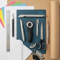 Assorted crafting tools are arranged on a grid-patterned cutting mat Royalty Free Stock Photo