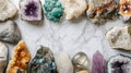 Assorted crystals and gemstones arranged in a frame on a marble background with space for text. Showcases amethyst Royalty Free Stock Photo