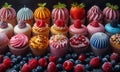 Assorted cupcakes with cream and fresh berries on black background Royalty Free Stock Photo