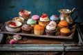 assorted cupcakes on a distressed metal tray