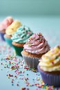 Assorted cupcakes with vibrant icing and decorative sprinkles in a row