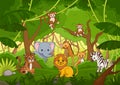 Assorted cute cartoon animals in a jungle