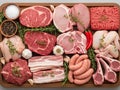 Assorted cuts of fresh beef and pork displayed with herbs and spices Royalty Free Stock Photo