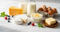 Assorted dairy products displayed on a white marble surface include a wedge of Swiss cheese, a Royalty Free Stock Photo