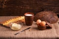 Assorted dairy products milk, cheese, butter rustic still life on table Royalty Free Stock Photo