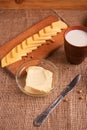 Assorted dairy products milk, cheese, butter rustic still life on table Royalty Free Stock Photo