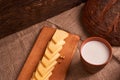 Assorted dairy products milk, cheese, butter rustic still life on table Royalty Free Stock Photo