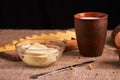 Assorted dairy products milk, cheese, butter rustic still life on table Royalty Free Stock Photo