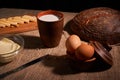 Assorted dairy products milk, cheese, butter rustic still life on table Royalty Free Stock Photo