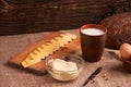 Assorted dairy products milk, cheese, butter rustic still life on table Royalty Free Stock Photo