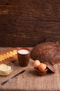 Assorted dairy products milk, cheese, butter rustic still life on table Royalty Free Stock Photo