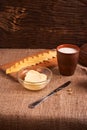 Assorted dairy products milk, cheese, butter rustic still life on table Royalty Free Stock Photo