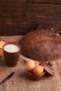 Assorted dairy products milk, cheese, eggs. rustic still life on table Royalty Free Stock Photo