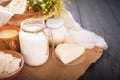 Assorted dairy products milk, yogurt, cottage cheese, sour cream. Rustic still life. Royalty Free Stock Photo