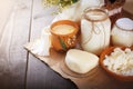 Assorted dairy products milk, yogurt, cottage cheese, sour cream. Rustic still life. Royalty Free Stock Photo