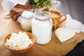 Assorted dairy products milk, yogurt, cottage cheese, sour cream. Rustic still life. Royalty Free Stock Photo