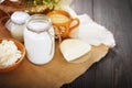 Assorted dairy products milk, yogurt, cottage cheese, sour cream. Rustic still life. Royalty Free Stock Photo