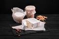 Assorted dairy products milk, yogurt, cottage cheese, sour cream. Rustic still life. Farmer`s cow dairy products. Royalty Free Stock Photo