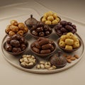 Assorted dates and nuts displayed on a round beige platter. Multiple bowls hold a Royalty Free Stock Photo