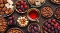 Assorted dates and nuts with tea in wooden bowls on dark table. Ramadan Mubarak Royalty Free Stock Photo