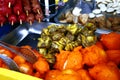 Assorted deep fried snack food in a street food cart