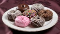 Assorted delectable donuts with rich chocolate glaze on a wooden table, tempting dessert concept