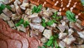 Assorted Deli Cold Meats on a plate. Selective focus. Catering concept. Authentic lifestyle image Royalty Free Stock Photo