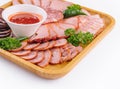 Assorted deli cold meats on wooden tray Royalty Free Stock Photo