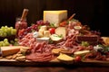 assorted deli meats and cheese layers on board Royalty Free Stock Photo