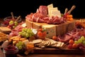 assorted deli meats and cheese layers on board Royalty Free Stock Photo