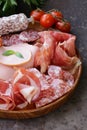 Assorted deli meats - ham, sausage, salami, parma, prosciutto Royalty Free Stock Photo