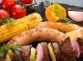 Assorted delicious grilled barbecue meat with vegetable. Beef gr Royalty Free Stock Photo