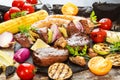 Assorted delicious grilled barbecue meat with vegetable. Beef gr Royalty Free Stock Photo