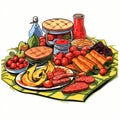 Assorted delicious grilled barbecue meat with vegetables and sauces, Cartoon comic flat style.