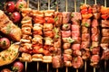 Assorted delicious grilled meat with vegetable on a barbecue.