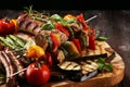 Assorted delicious grilled meat with vegetable on a barbecue. Grilled pork shish or kebab on skewers with vegetables . Food