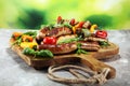 Assorted delicious grilled meat with vegetable on a barbecue. Grilled pork shish or kebab on skewers with vegetables . Food Royalty Free Stock Photo