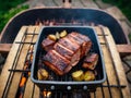 Assorted delicious grilled meat with vegetable over the coals on a barbecue.