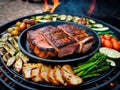 Assorted delicious grilled meat with vegetable over the coals on a barbecue